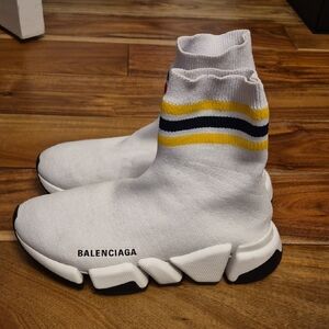 Balenciaga White Sneakers with Yellow and Black Stripes